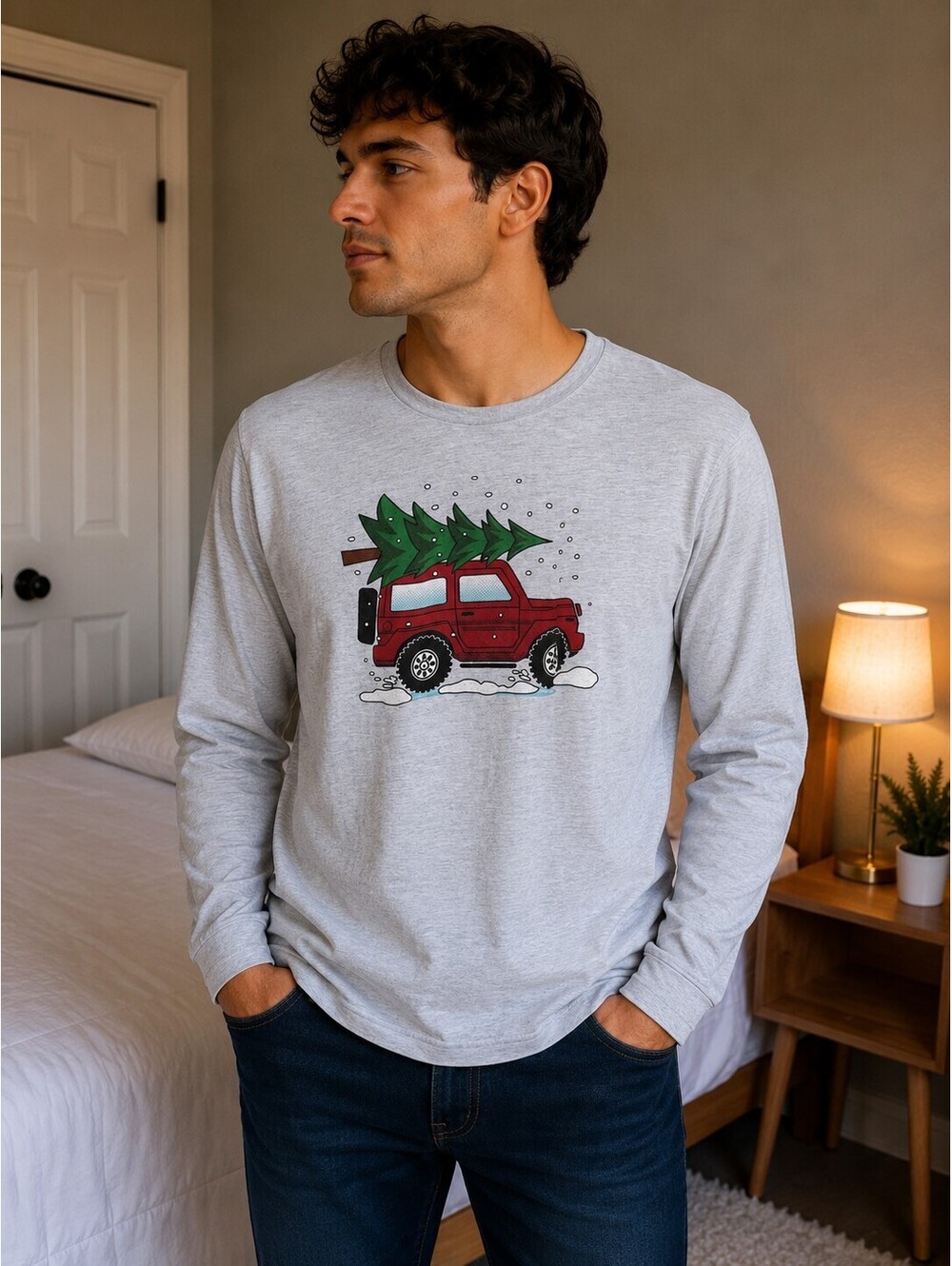 North Pole Trading Co. Men's Large Light Gray Long Sleeve Shirt with Red SUV and